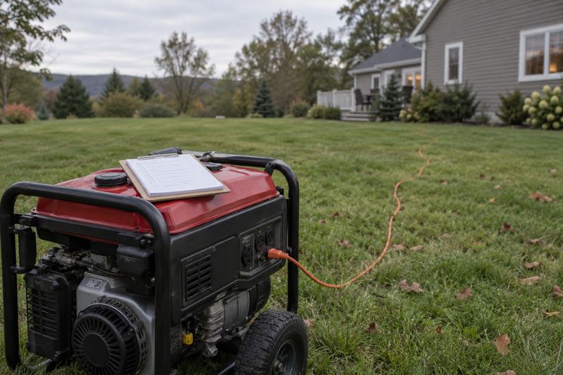 A portable generator outside a house with an extension cord running to it and a notepad listing appliances.