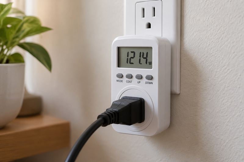 A plug-in energy meter plugged into a wall outlet with an appliance plug in it, its digital display showing a reading.